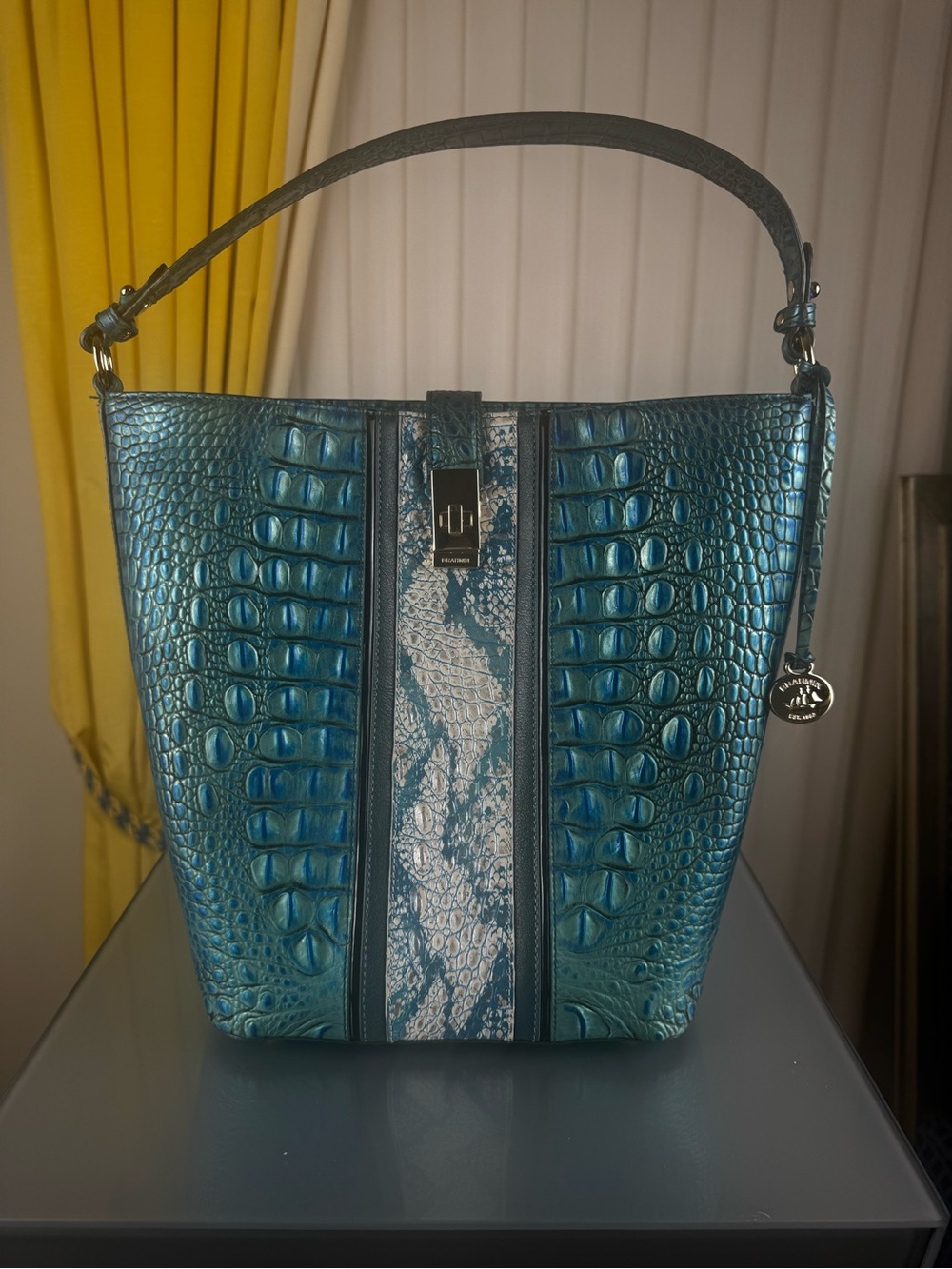Brahmin Teal Croc-Embossed Bucket Shoulder Bag